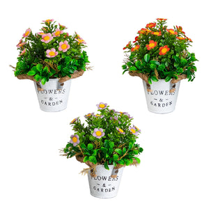 8” Artificial Daisy Plant in Rustic Flowers & Garden Planter -Set of 3