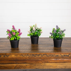8" Artificial Flowering Arrangement in Black Pot - Set of 3
