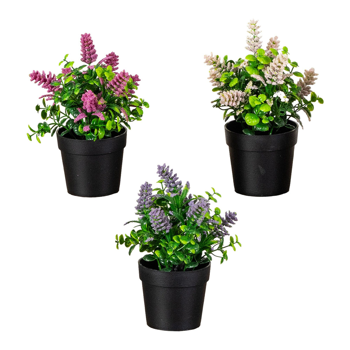 8" Artificial Flowering Arrangement in Black Pot - Set of 3