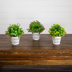 8” Artificial Flowering Mini Daisy Plant in Rustic Flowers & Garden Planter -Set of 3