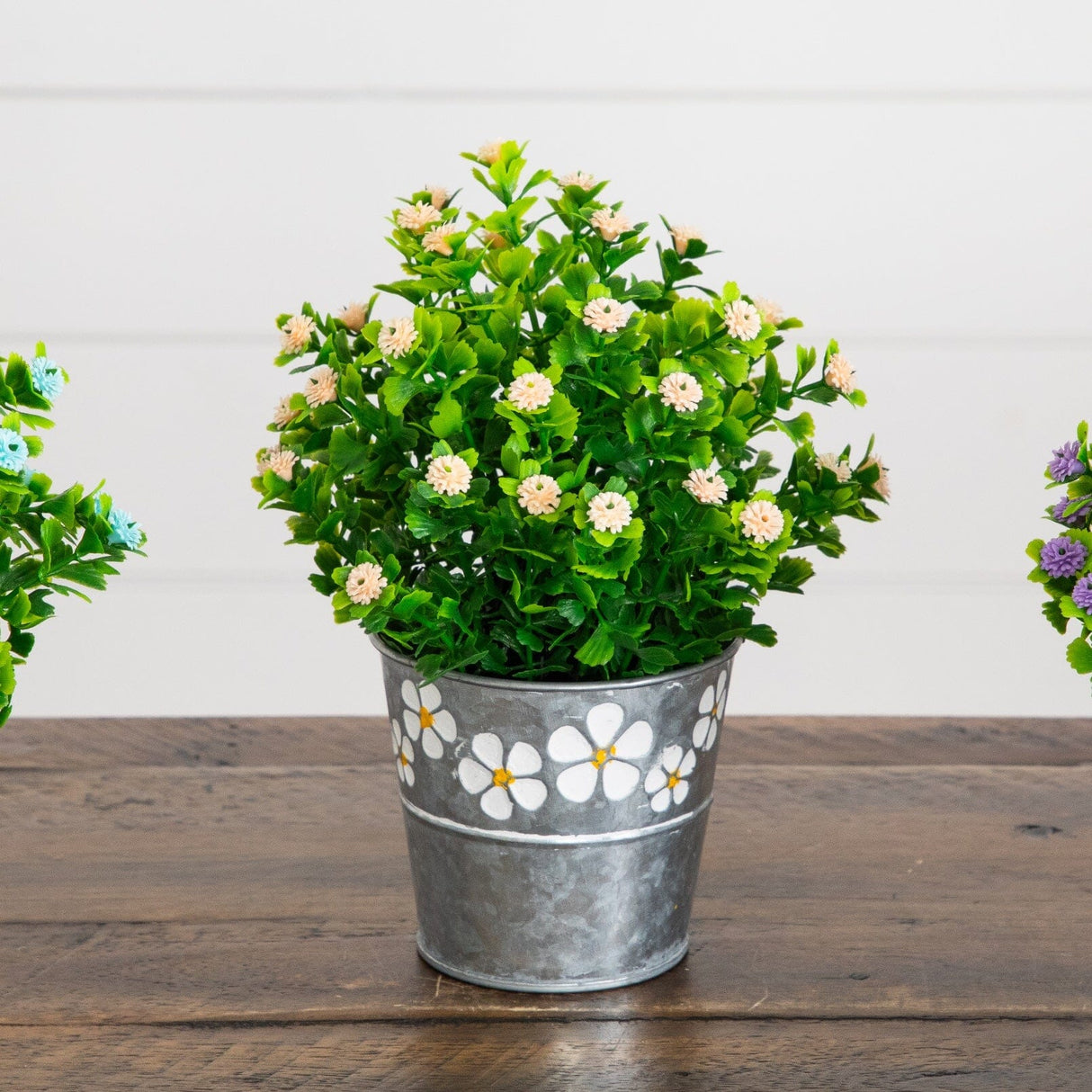 8” Artificial Flowering Plant in Decorative Daisy Tin Planter -Set of 3