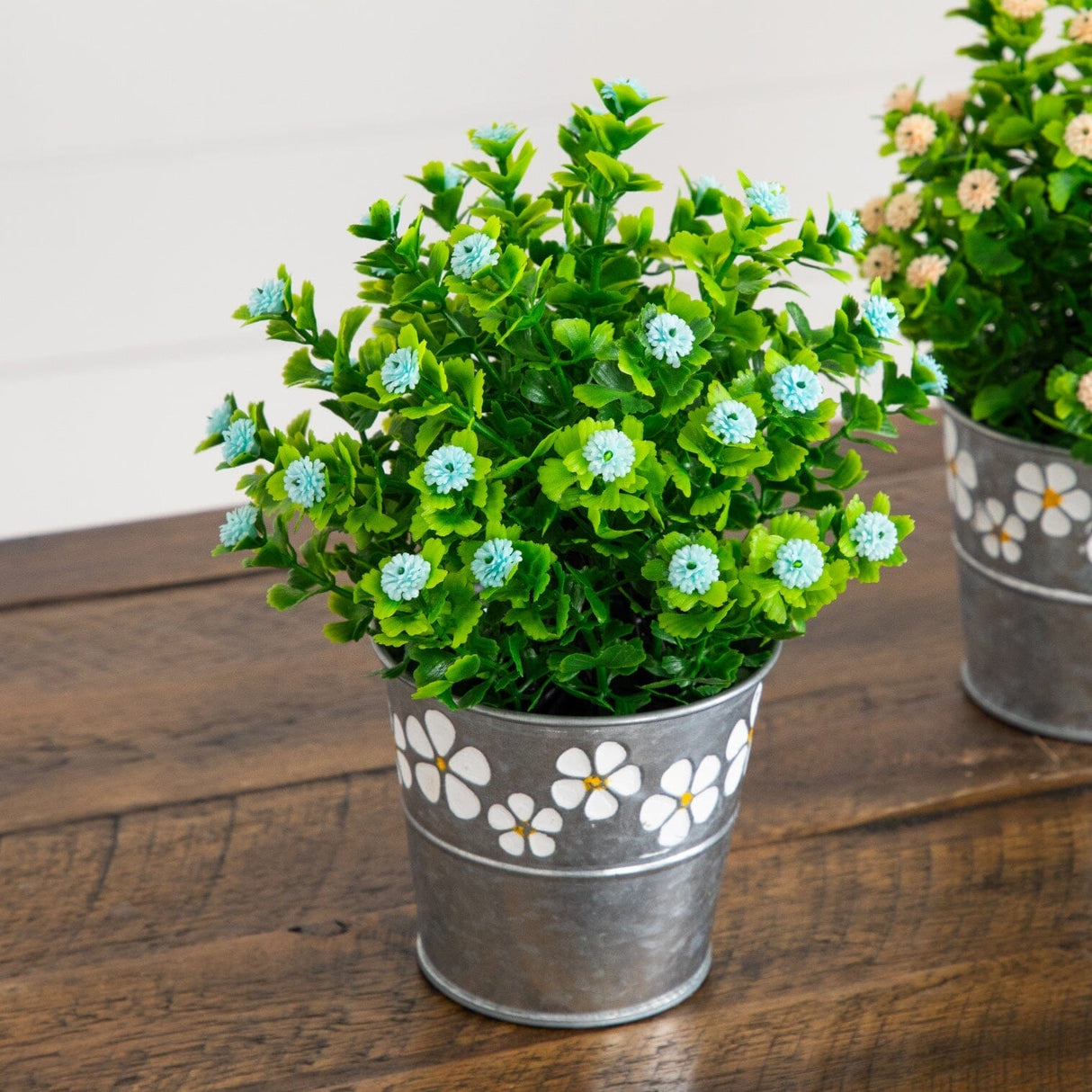 8” Artificial Flowering Plant in Decorative Daisy Tin Planter -Set of 3