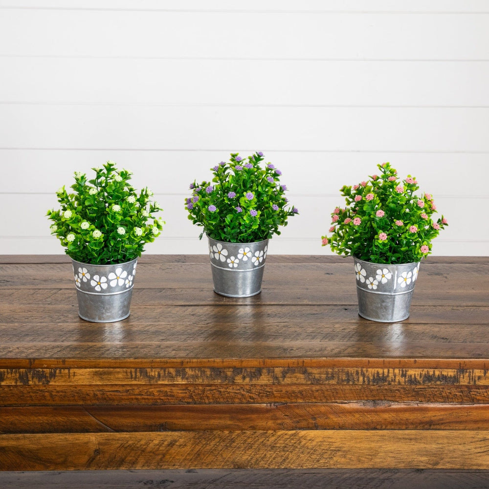 8” Artificial Flowering Plant in Decorative Daisy Tin Planter -Set of 3