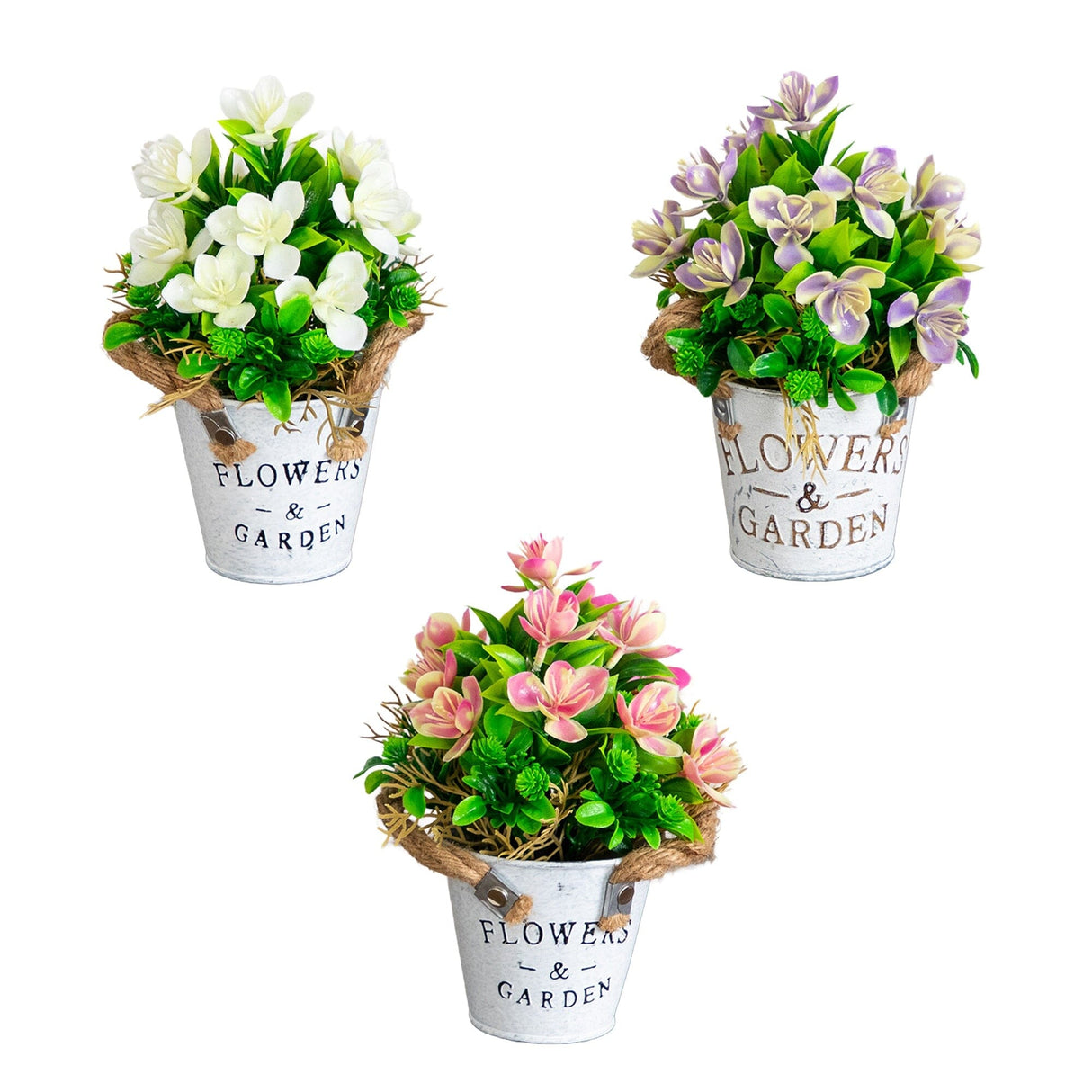 8” Artificial Lush Flowering Plant in Rustic Flowers & Garden Planter -Set of 3