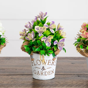 8” Artificial Lush Flowering Plant in Rustic Flowers & Garden Planter -Set of 3