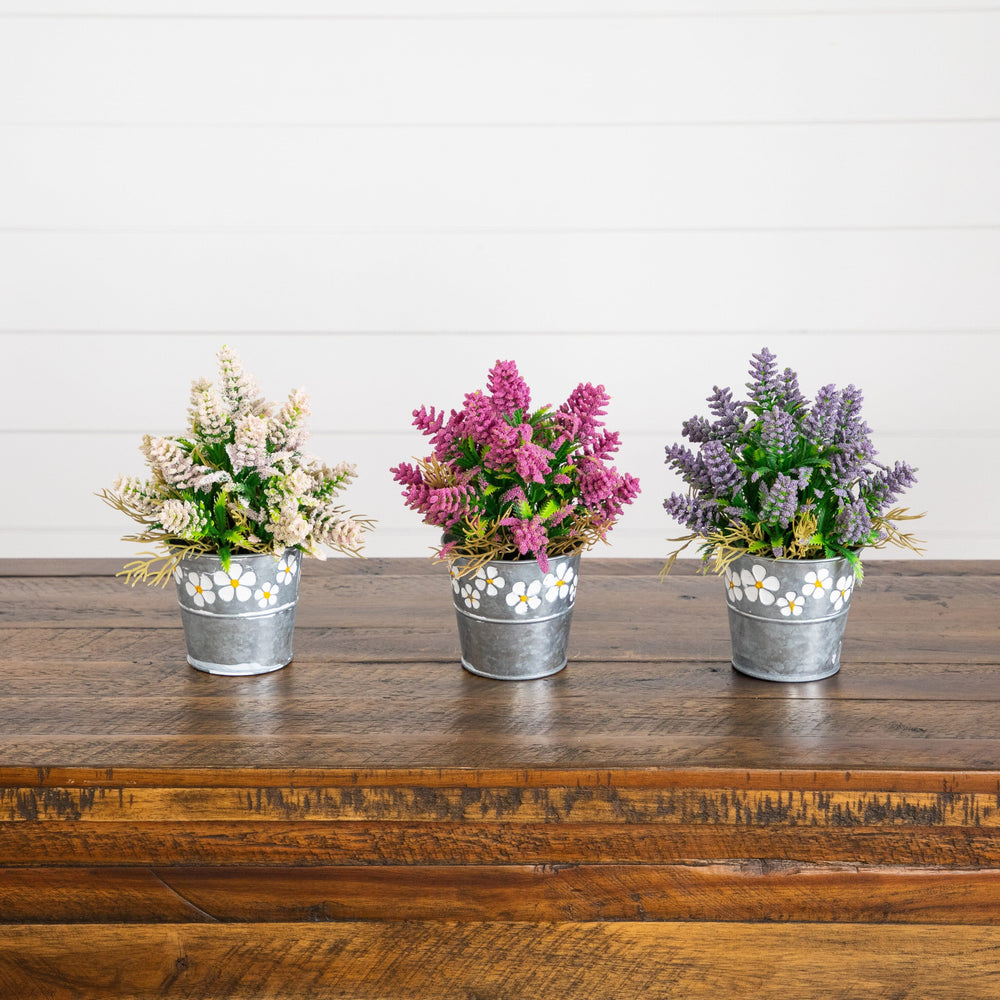 8” Artificial Lush Mixed Lavender Plant in Decorative Daisy Tin Planter -Set of 3