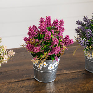 8” Artificial Lush Mixed Lavender Plant in Decorative Daisy Tin Planter -Set of 3