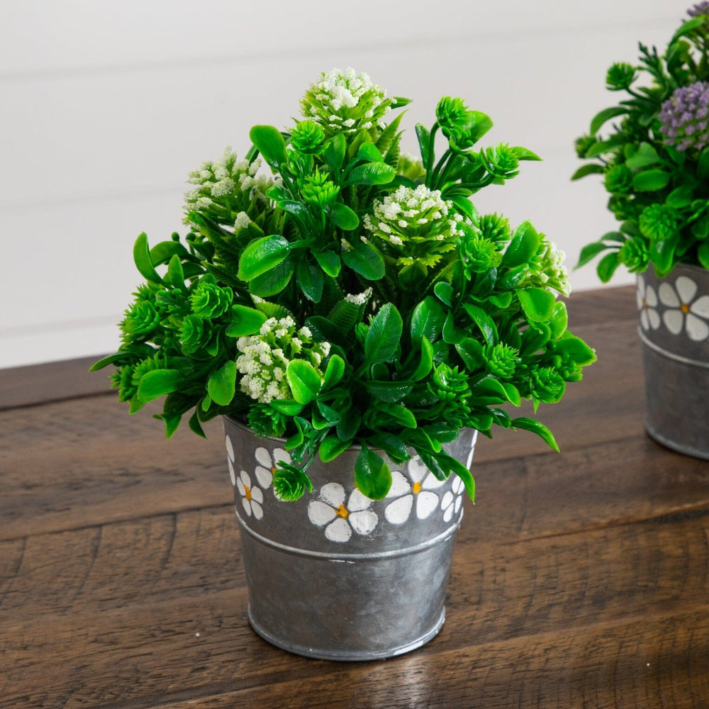 8" Artificial Mixed Flowering Plant in Decorative Daisy Tin Planter -Set of 3