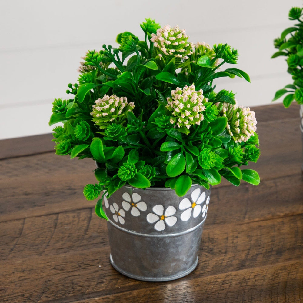 8" Artificial Mixed Flowering Plant in Decorative Daisy Tin Planter -Set of 3