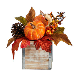 8” Fall Pumpkin, Gourd, Berries and Pinecones Artificial Autumn  Arrangement in Natural Washed Vase
