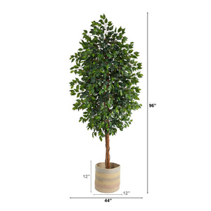 8’ Ficus Artificial Tree with Handmade Natural Cotton Multicolored Woven Planter