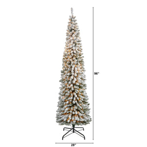 8’ Flocked Pencil Artificial Christmas Tree with 500 Clear Lights and 646 Bendable Branches