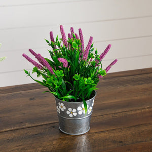 9” Artificial Lavender Plant in Decorative Daisy Tin Planter -Set of 3