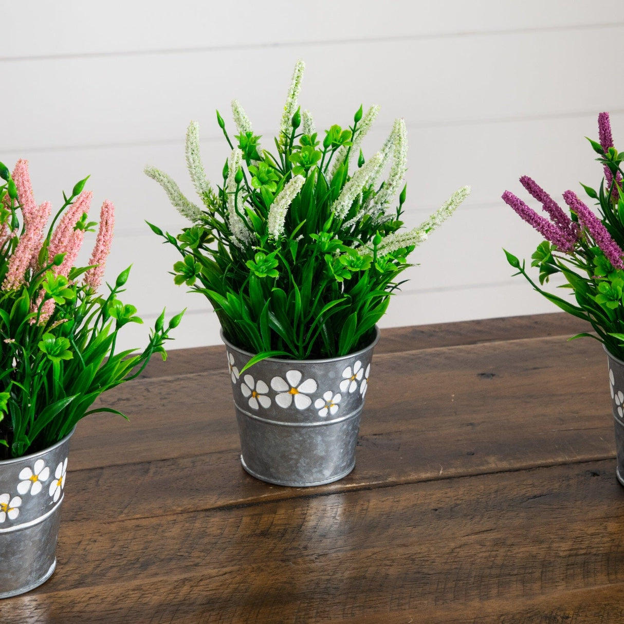 9” Artificial Lavender Plant in Decorative Daisy Tin Planter -Set of 3