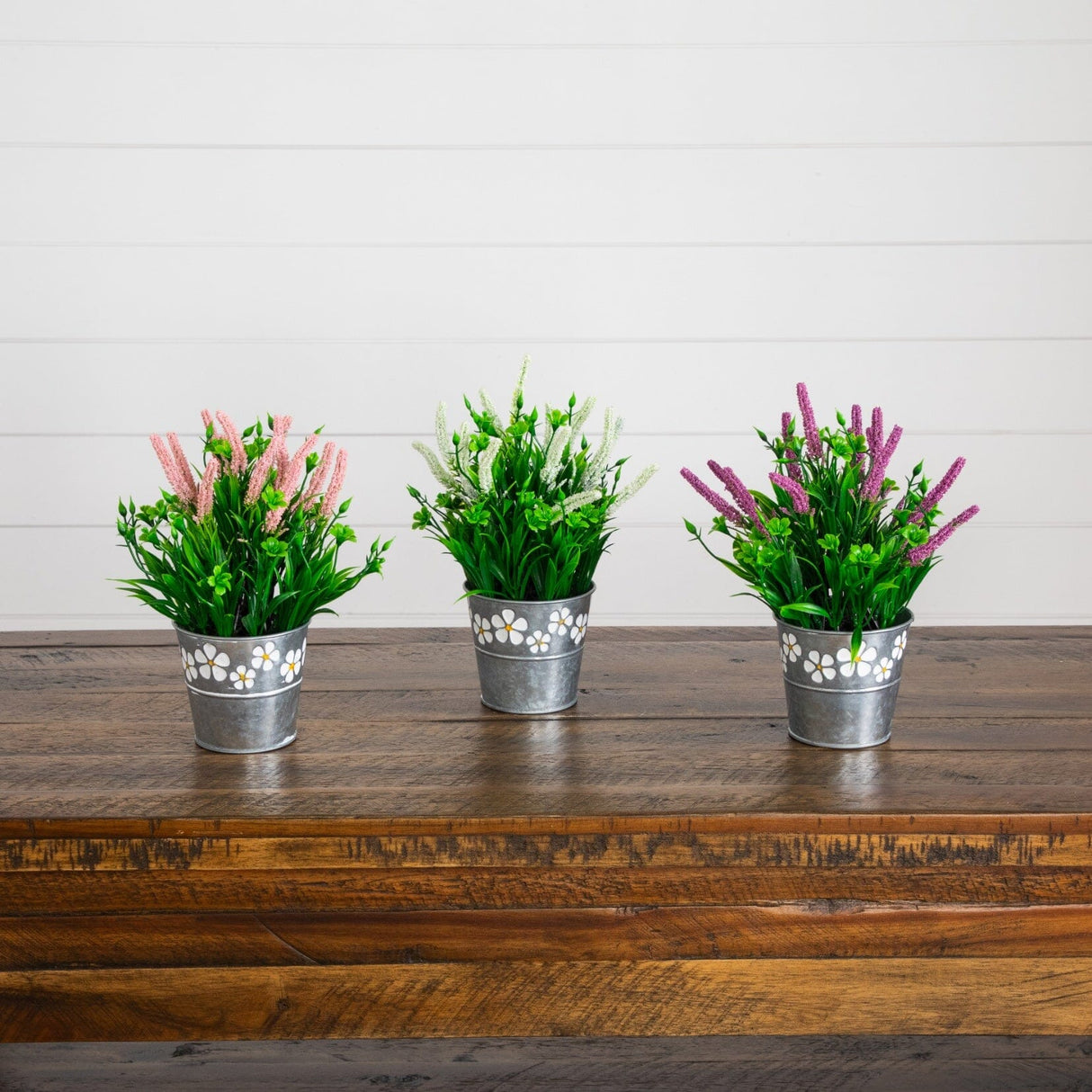 9” Artificial Lavender Plant in Decorative Daisy Tin Planter -Set of 3