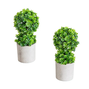 9" Artificial Mini Eucalyptus Ball Topiary in Cement Planter -Set of 2