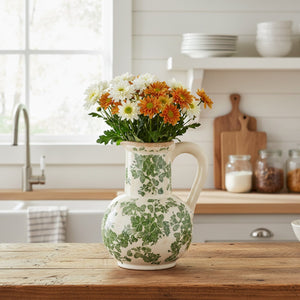 9”  Floral Tuscan Ceramic Green Scroll Jar