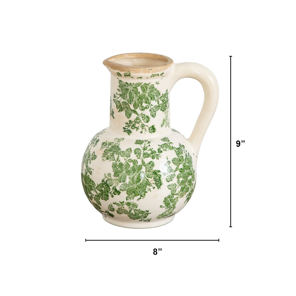 9”  Floral Tuscan Ceramic Green Scroll Jar