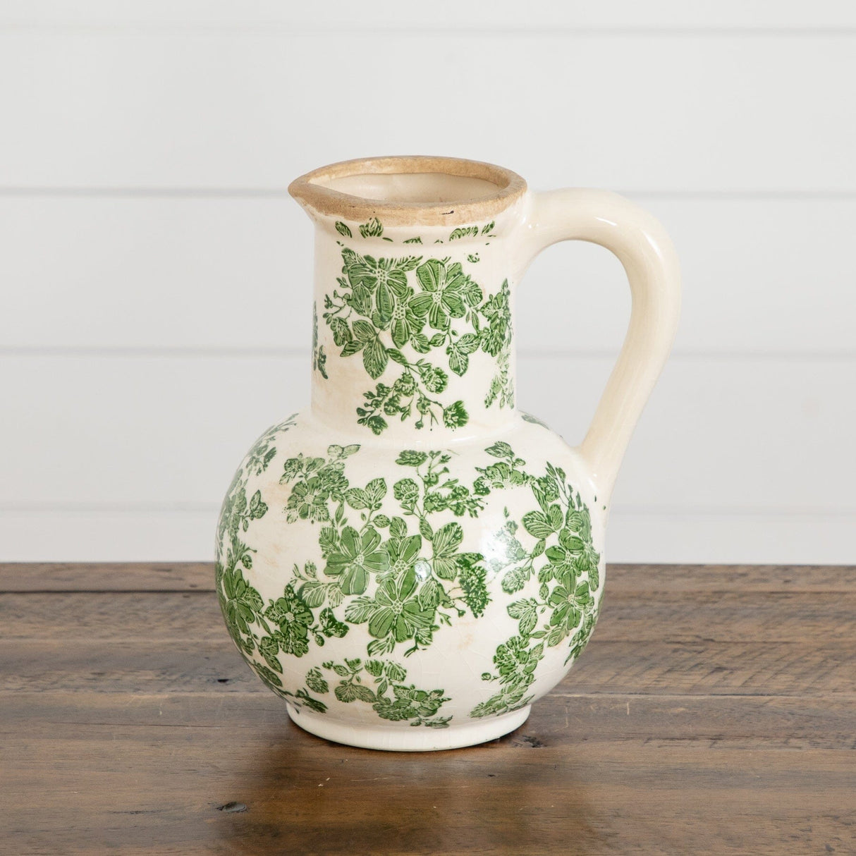 9”  Floral Tuscan Ceramic Green Scroll Jar