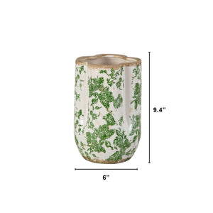 9” Floral Tuscan Ceramic Green Scroll Vase