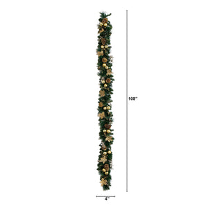 9' Pre-Lit Artificial Golden Frosted Christmas Garland with 50 Warm White LED Lights Pinecones, Berries and Ornaments