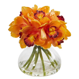 Cymbidium Silk Orchid Artificial Arrangement in Glass Vase