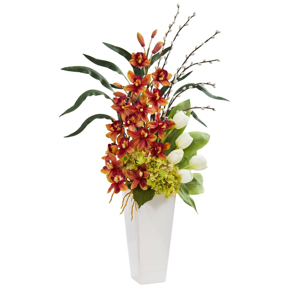 Cymbidium Orchid, Hydrangea and Tulip Artificial Arrangement