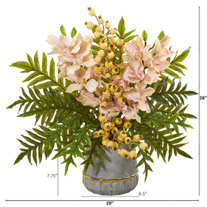 Cymbidium Orchid, Pomegranate and Fern Artificial Arrangement