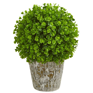 Eucalyptus Artificial Ball in Weathered oak Planter