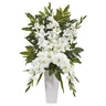 Gladiolas & Fern Artificial Arrangement in White Vase