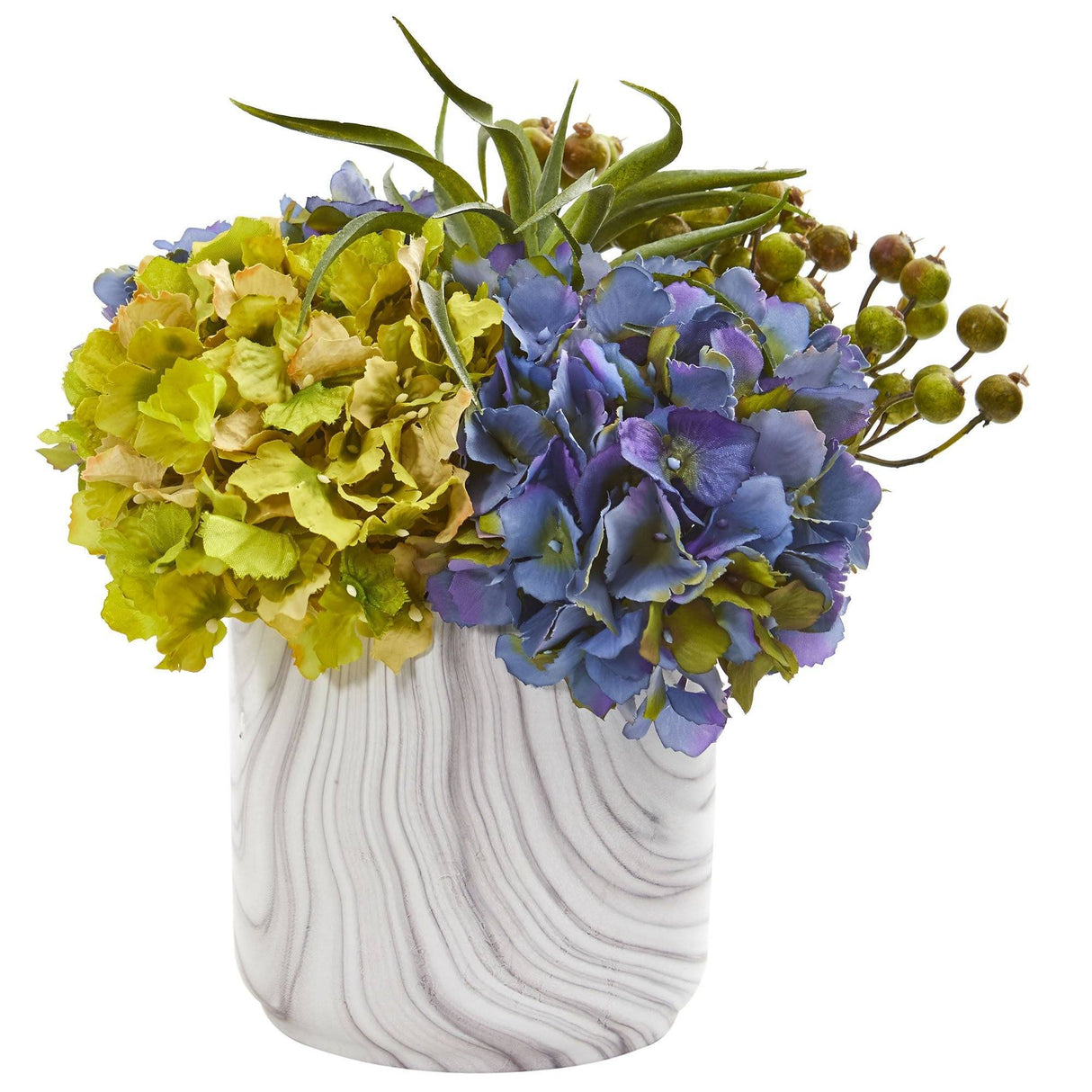 Hydrangea and Berries Artificial Arrangement in Marble Finished Vase