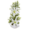Lily and Boxwood Artificial Arrangement in White Planter