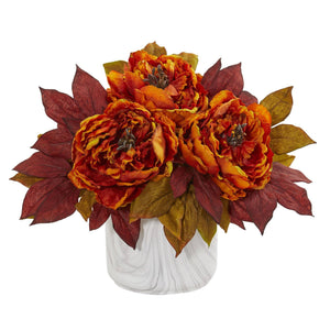 Silk Peony Artificial Arrangement in Marble Finished Vase