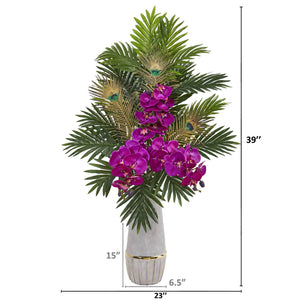 Phalaenopsis Orchid and Peacock Feather Artificial Arrangement