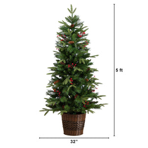 Pre-Lit Artificial Christmas Holiday 5 Piece Bundle with Pinecones & Berries- Set of 2 5' Christmas Trees, 24-in Wreath and set of 2 9-ft Garlands