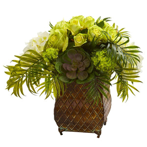 Roses and Hydrangea Artificial Arrangement in Metal Planter