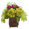 Roses and Hydrangea Artificial Arrangement in Metal Planter