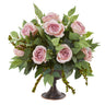 Roses and Mix Greens Artificial Arrangement in Metal Chalice