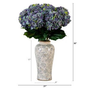 Signature Collection 30” Artificial Hydrangea Arrangement in Ceramic Floral Printed Vase