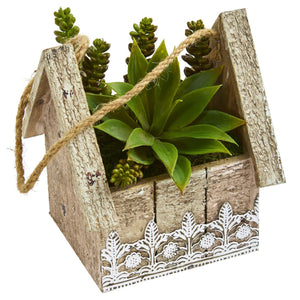 Succulent Garden Artificial Plant in Birdhouse Hanging Planter