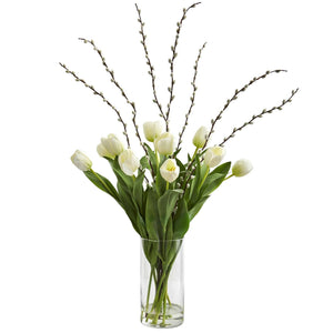 Silk Tulips Artificial Arrangement in Cylinder Vase