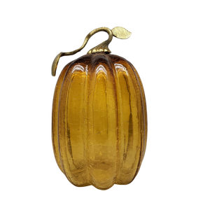 Handblown Glass Amber Pumpkin with Metal Stem - 9 Inch