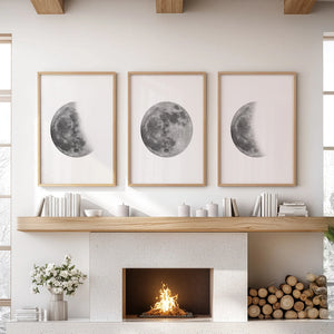 Moon Phases Set of 3 Prints. Black and White Lunar Cycle