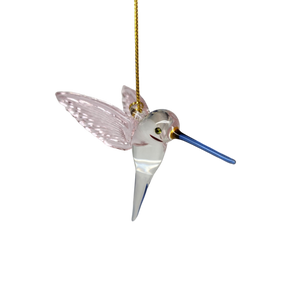 Feeding Hummingbird glass Ornament - Pink Wings / Blue Tail / Blue Beak