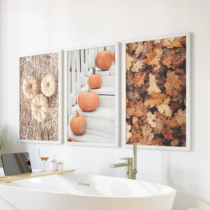 Cozy Fall Wall Art Set of 3. Pumpkins and Autumn Leaves