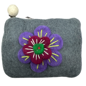 Felt Wool  Artisan Gray Coin Purse with Flower Applique