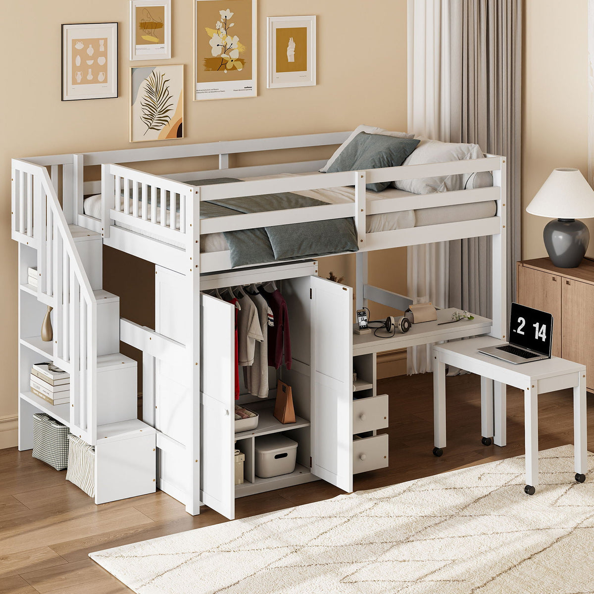 Loft Bed With Stairs, Bookshelf, Drawers, Desk & Wardrobe, Space Saving Multifunctional Furniture