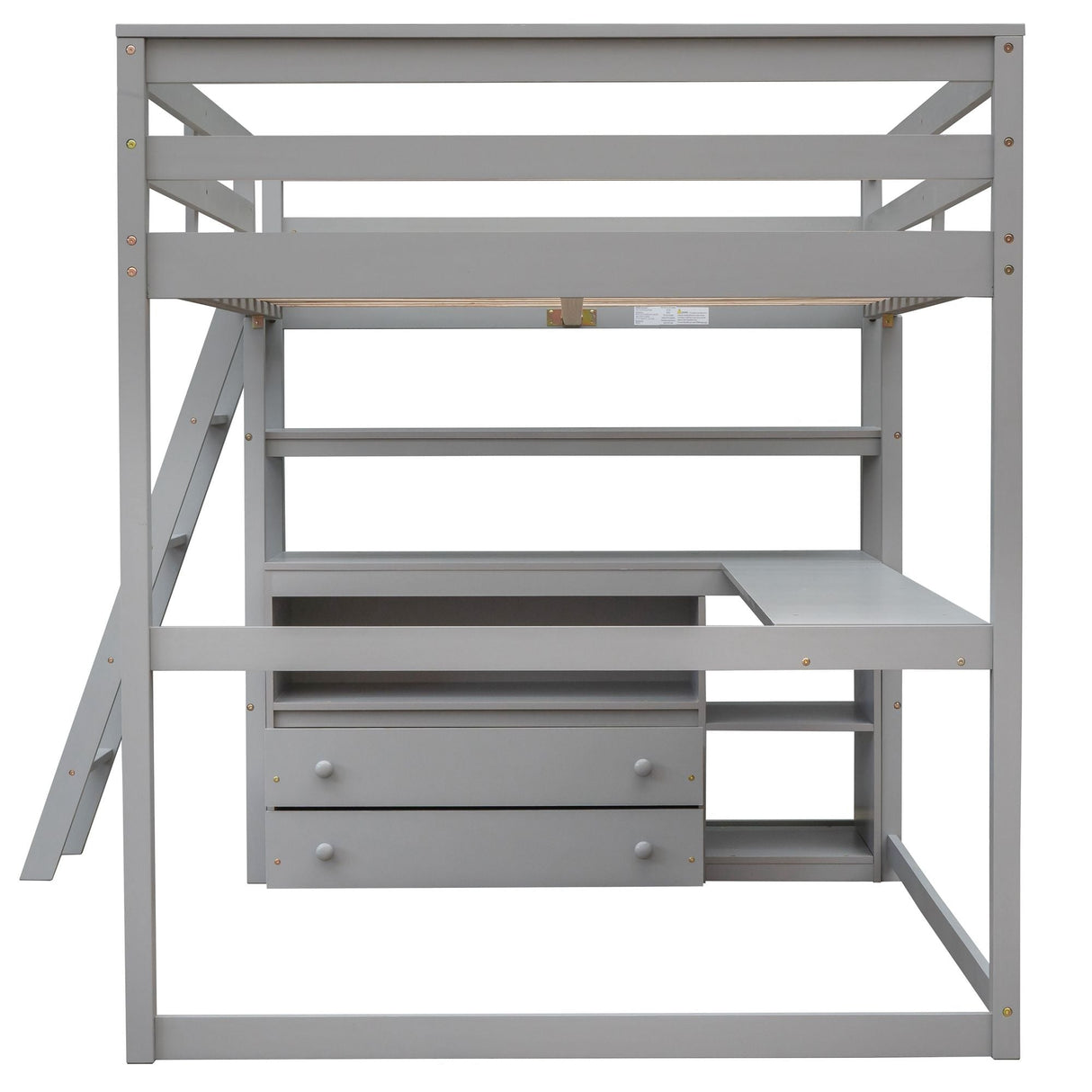 Modern Loft Bed With Built In Desk, Shelves, And 2 Drawers