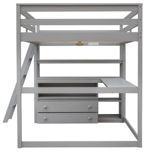 Modern Loft Bed With Built In Desk, Shelves, And 2 Drawers