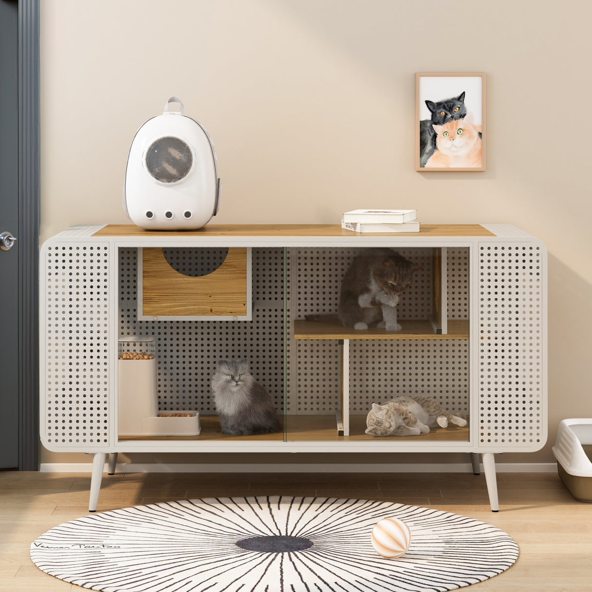 55.12 'Spacious Cat House with Tempered Glass (White)